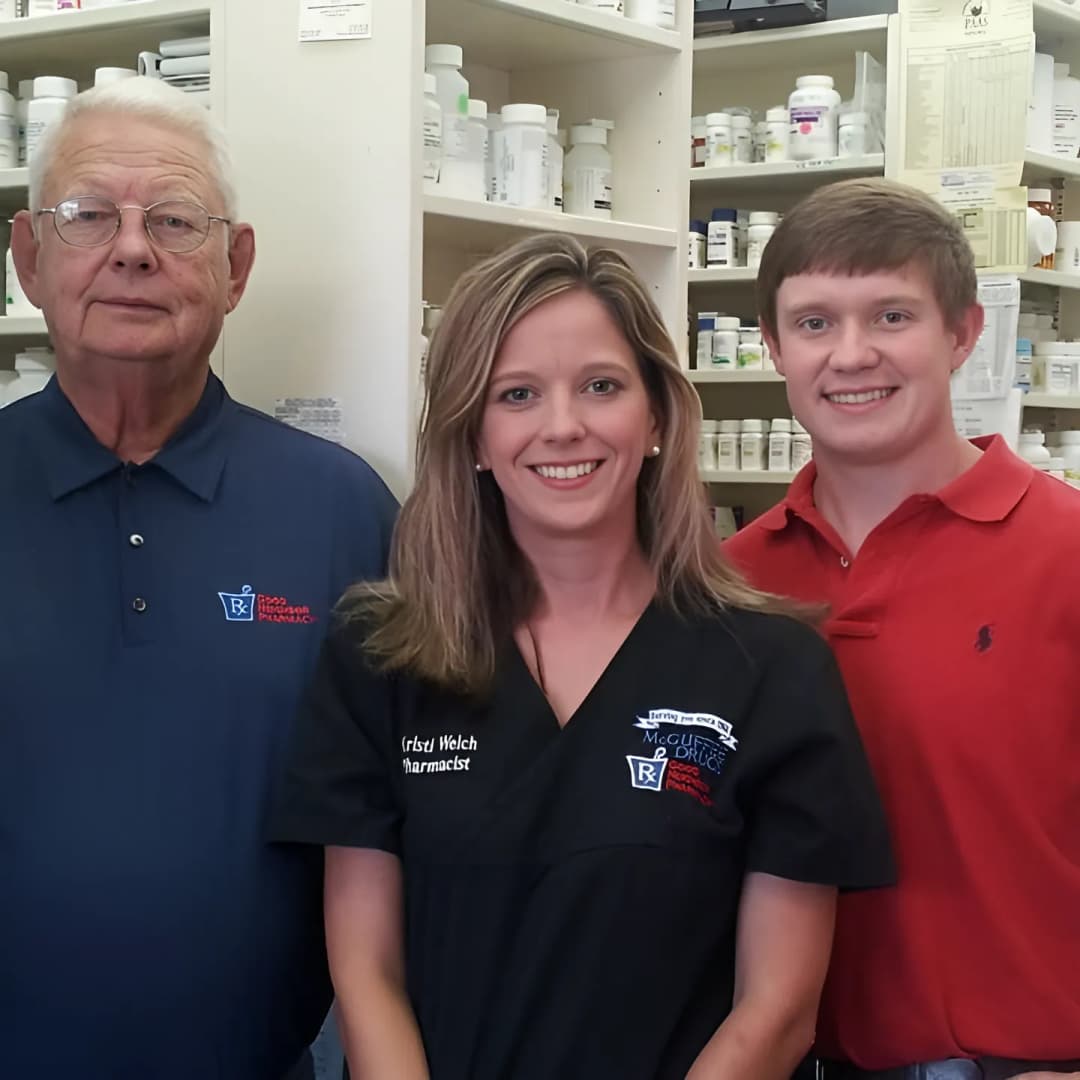 pharmacist greeting a patient inside McGuffee's Drug